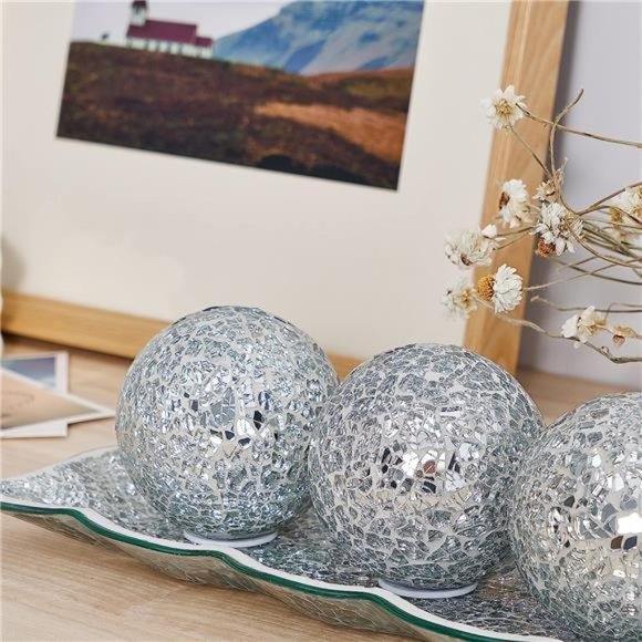 12.4” Mosaic Glass Decorative Tray Dish Plate with 3pcs 3" Decorative Orbs Balls - Picture 6 of 6